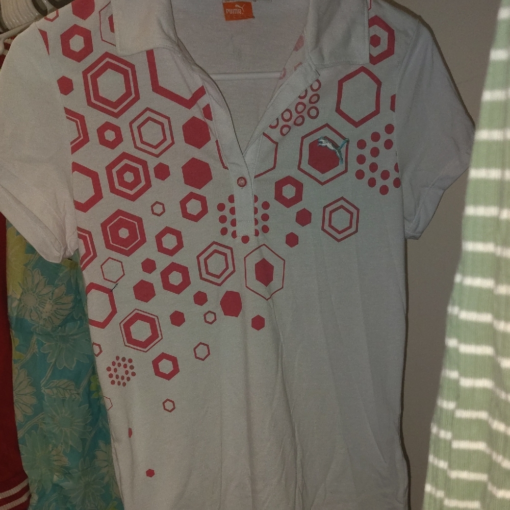 Puma White Polo Shirt with Pink Hexagon Design
